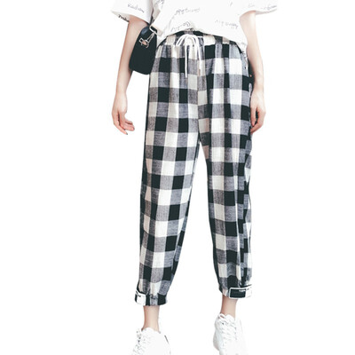 

Women Mid Waist Straight Plaid Print Ankle-Length Pants