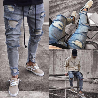 

Men&acutes Ripped Skinny Biker Jeans Destroyed Frayed Slim Fit Denim Long Pants