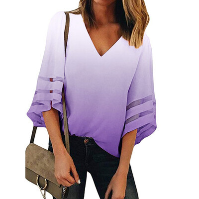 

Starmoon Womens V Neck Mesh Panel Blouse 34 Bell Sleeve Casual Loose Top Shirt