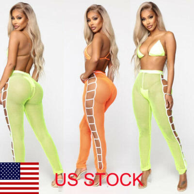

US STOCK Women Skinny Ripped Long Pants High Waist Mesh Beach Pencil Trouser Hot