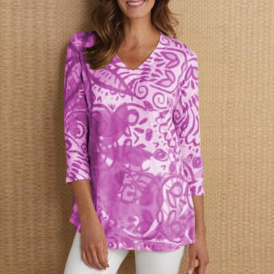 

Starmoon Women Casual Plus Size Tops Shirt V Neck Retro Print Daily Vintage Loose Blouse