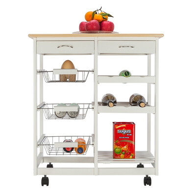

Rolling Wood Kitchen Trolley Cart Island Shelf w Storage Drawers Baskets