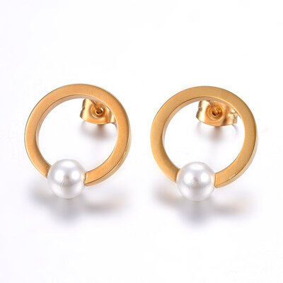 

304 Stainless Steel Stud Earrings with Acrylic Pearl Beads Ring Golden 18x165x6mm Pin 08mm