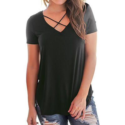 

Women Simple Cross Bandage Sexy T-shirt Pullover Short Sleeve Blouse Tops