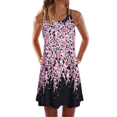 

Floral Print Straps Dresses Women O Neck Sleeveless A-line Loose Dress
