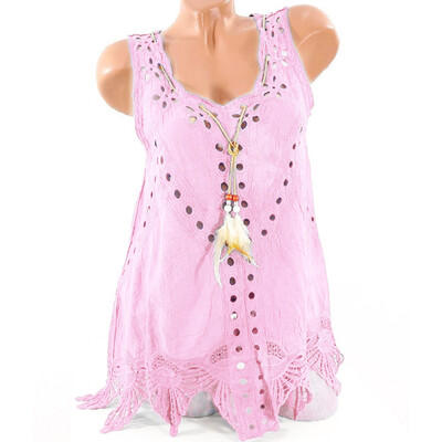 

Nomeni Women Plus Size Tank Top U Neck Embroidery Hollow Out Sleeveless Summer Tops