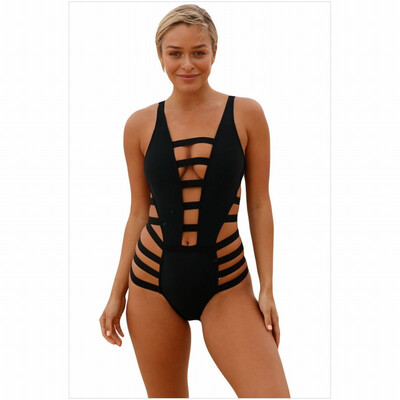 

V-neck cut hollow solid color high elastic one-piece swimsuit