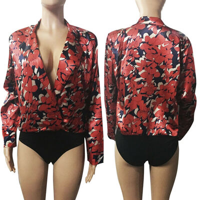 

Women Ladies Sexy Floral Tuxedo Wrap Over Satin Bodysuit Leotard Top Jumpsuit