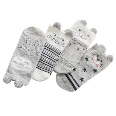 

4pairslot Cute Kids Cartoon Breathable Grey Thin Ankle Invisible Socks Set