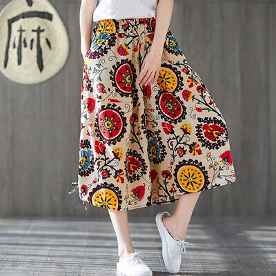 

Women Retro Print Elastic Loose Wide Leg Loose Cotton Linen Elastic Waist Seven Points Straight Casual Trousers