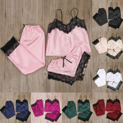 

Womens 3PCS Lace Silk Sleepwear Sissy Sexy Babydoll Nightdress Lingerie Pajamas
