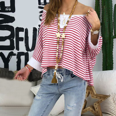 

Womens Off Shoulder Stripe T Shirt Ladies Bat Sleeve Casual Baggy Tops Blouse