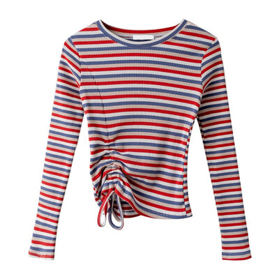 

2019 Autumn Female Sexy Drawstring T-shirt O Neck Rainbow Striped Long Sleeve Slim Lady Tshirt