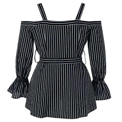 

Women Fashion Sexy Concise Personality Boat Neck All-match Striped Lace-up Long Sleeve T-shirts