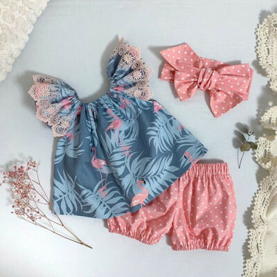 

Newborn Baby Girl Clothes Flamingo TopsDot Shorts Headband 3Pcs Outfit Summer