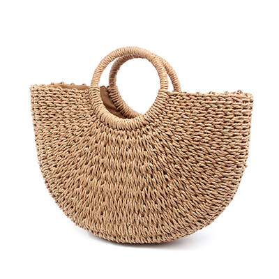 

Women U-Shaped Straw Woven Handbag Solid Color Round Handle Tote Basket Bag