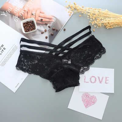 

Sexy Womens Panties Hollow Out Rose Jacquard Large Size Briefs Cross Straps Solid Color Lace Briefs Underwear