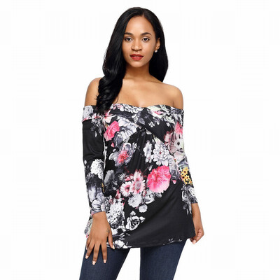 

Multi-color one-shoulder long-sleeved floral print retro straight top
