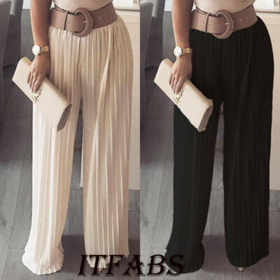 

Hot Women Ladies High Waist Casual Wide Leg Beach Pleated Pant Dress Trousers