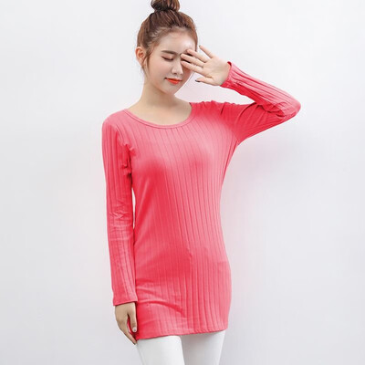 

Women T-shirt Comfortable Stretch Cotton Blends Ribbed Round Neck Long Sleeve Slim Casual Basic Tops