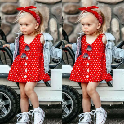 

Toddler Kids Baby Girls Clothes Button Polka Dot Shoulder Strap Dress Sundress
