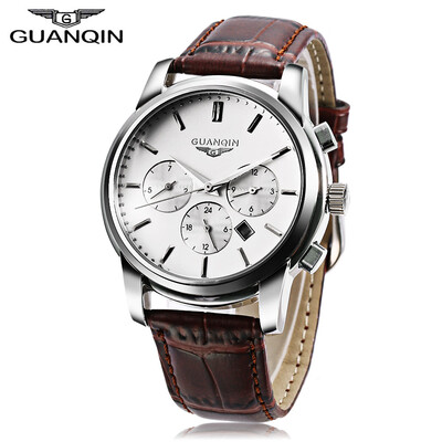 

GUANQIN GQ12005 Men Quartz Watch Working Sub-dial Date 3ATM Genuine Leather Band Wristwatch