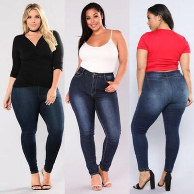 

AU Womens Plus Size Stretch Denim Skinny Jeans Pencil Pants High Waist Trousers