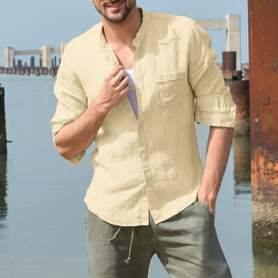 

Toponeto Mens Baggy Cotton Linen Solid Long Sleeve Button Pocket Stand Collar Shirt Tops