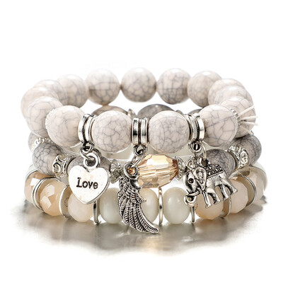 

Fashion Multilayer Natural Stone Crystal Bangle Wing Love Elephant Women Jewelry