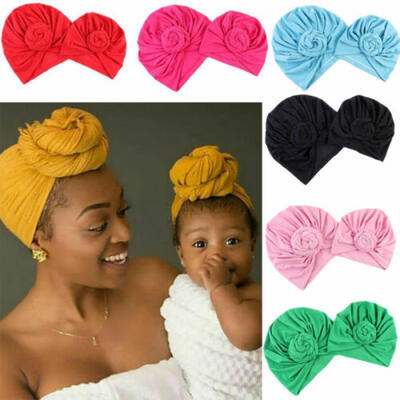 

2019 Womens Babys 2PCS Cotton Solid Knot Head Cover Hat Wrap Turban Cap