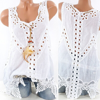 

Nomeni Women Plus Size Tank Top U Neck Embroidery Hollow Out Sleeveless Summer Tops