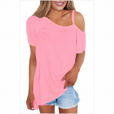 

Unilateral oblique collar short-sleeved solid color loose casual top