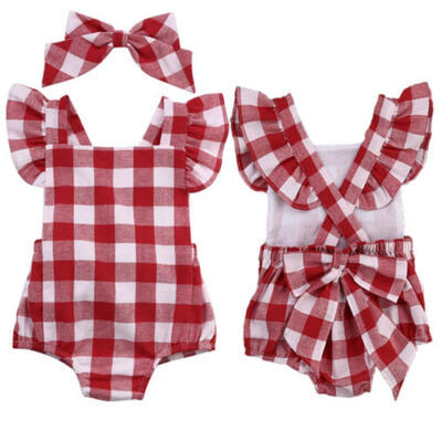 

Canis Newborn Baby Girls Plaids Romper Bodysuit Jumpsuit Bow Headband Outfit Set