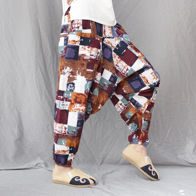 

Cotton Linen Men Loose Harem Pants Print Retro Drop Crotch Cross-pants Hip-hop Casual Wide-leg Large Size Bloomers Trousers Male