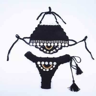 

Roseonmyhand Bohemian Women Push-Up Handmade Knitted Bikini Set Swimwear Bra Swimsuit