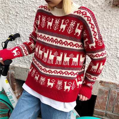 

Tailored Women O-Neck Long Sleeve Merry Christmas Elk Print Knit Sweater Pullover Top