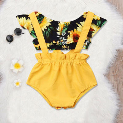 

Newborn Baby Girl Sunflower Crop Tops Bib Pants Shorts Cotton Outfits Sets 0-18M