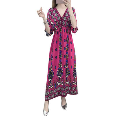 

Ethnic Boho Floral Print Tunic Dress Large Size Women V-neck Maxi Dresses