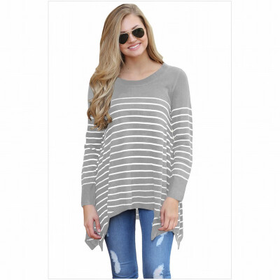 

Round neck long sleeve striped stitching loose headdress irregular casual knit sweater