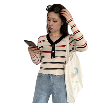 

Casual V-neck Striped Knitted Sweater Winter Clothes Women Long Sleeve Button Fashion Pullover Female Sweaters Crop Tops