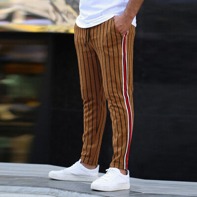 

Gobestart Fashion Men Casual Stripe Print Drawstring Elastic Waist Long Pants Trousers