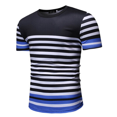 

Toponeto Mens Striped Splicing Pattern Casual Fashion Lapel Short Sleeve Shirt