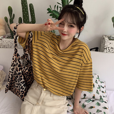 

Womens Summer Casual Vintage T Shirt Short Sleeve O-Neck Color Block Striped Loose Tee