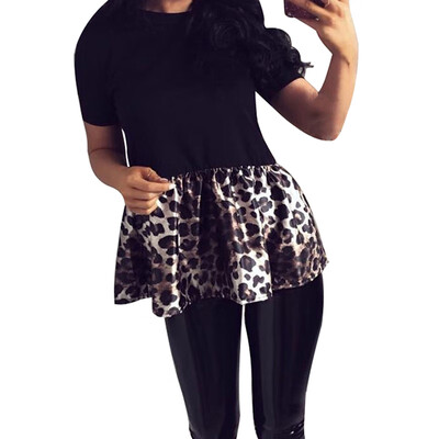 

Female T-shirt Fashion O-neck Casual Plus Size Short-sleeved Solid Color Stitching Leopard Flower Knitted Regular T Shirt