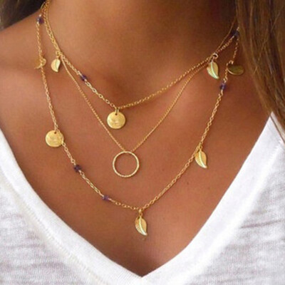 

Women Fashion Jewelry Choker Multilayer Bohemian Gold Leaf Pendant Necklace