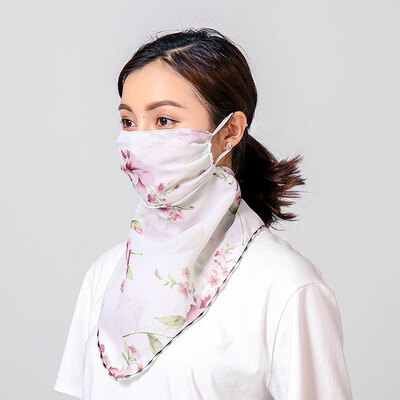 

19 summer sun protection neck chiffon mask female flowers antique elegant printing breathable mask square towel factory direct sales