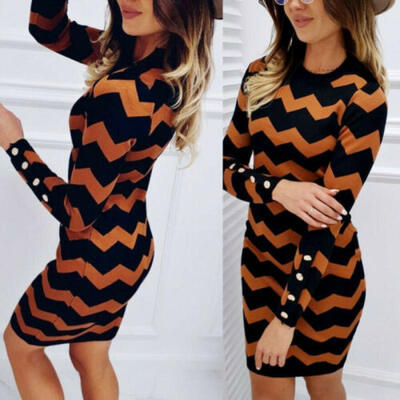 

Womens Ladies Long Sleeve Bodycon Mini Dress Crew-Neck Knitted Casual Dresses