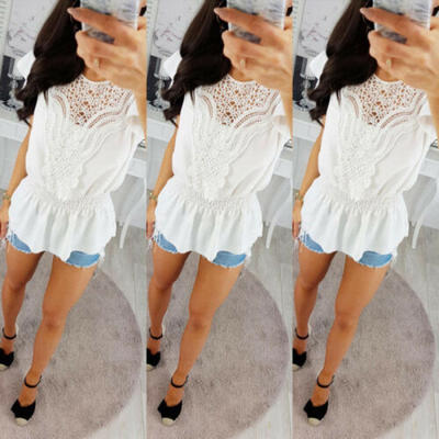 

Fashion Women Loose Short Sleeve Tops Blouse Hollow out Lace Casual Tops T-Shirt