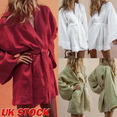 

Sexy Women Summer Casual V-Neck Kimono Long Sleeve Wrap Belt Short Mini Dress