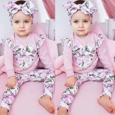 

US Newborn Baby Girl Long Sleeve Floral TopsLeggings PantsHeadband 3PCS Outfit